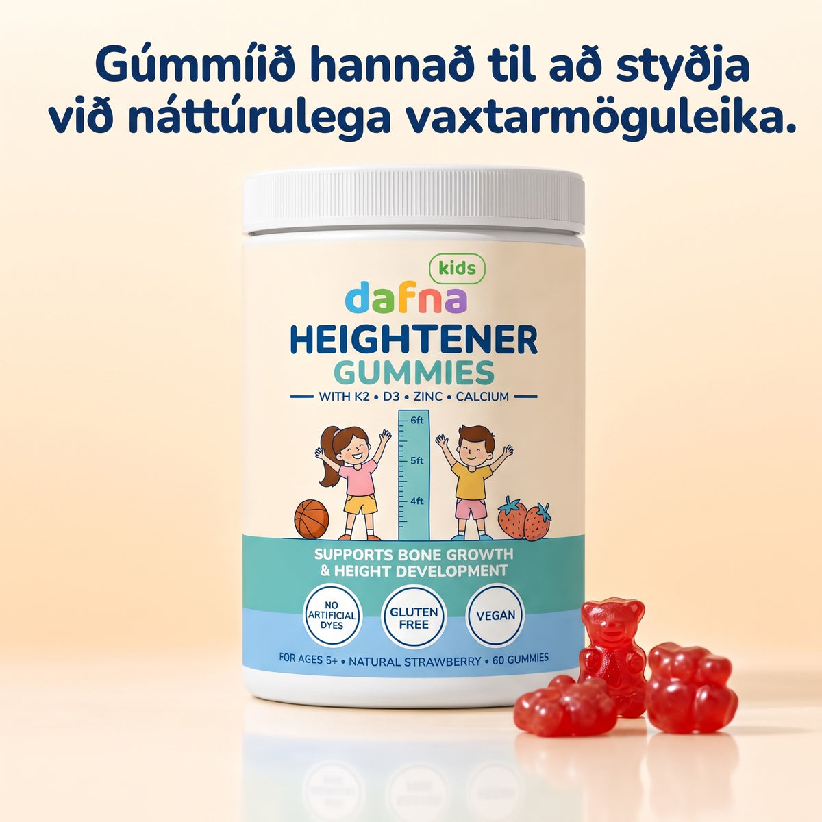 Náttúruleg vaxtar- og beinstuðnings-gúmmí – 9 í 1 fyrir börn og unglinga